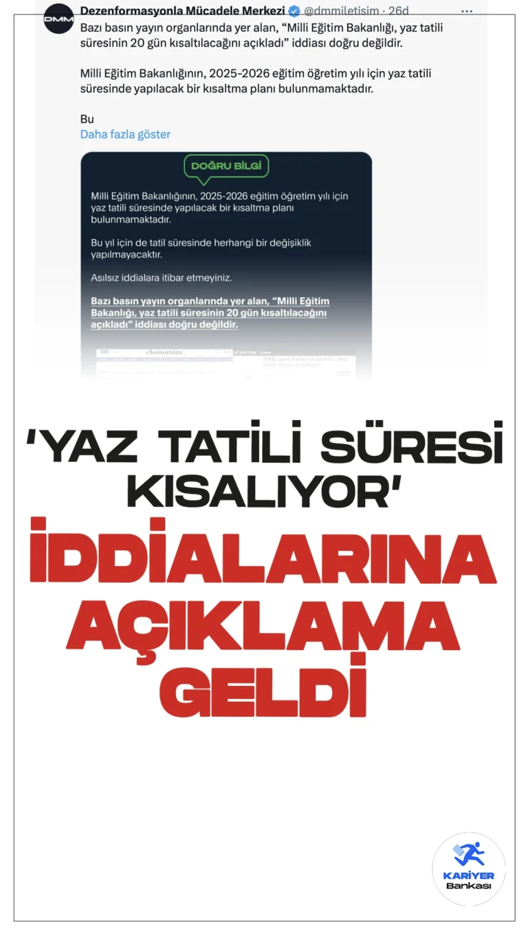 MEB'den 'Yaz Tatili Süresi Kısalıyor!' İddialarına Açıklama Geldi."Milli Eğitim Bakanlığı (MEB), 2025-2026 eğitim öğretim yılı için yaz tatilini 20 gün kısaltacağını açıkladı." iddialarına Milli Eğitim Bakanlığından açıklama geldi.