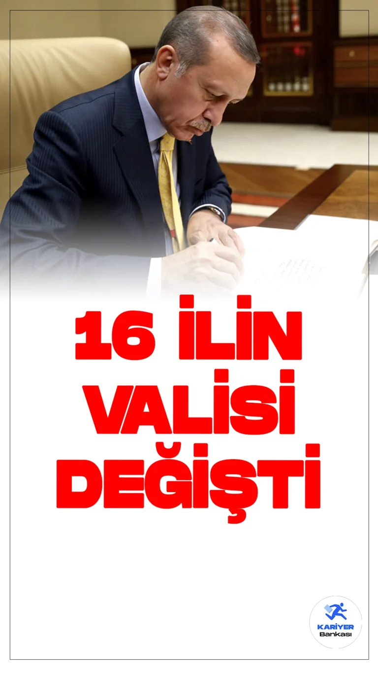 16 İle Yeni Vali Atandı.Cumhurbaşkanı Recep Tayyip Erdoğan'ın imzasıyla yayımlanan Valiler Kararnamesi ile 16 ilin valisi değiştirildi, 12 ilin valisi ise "vali-mülkiye başmüfettişliği" görevine getirildi. Resmi Gazete’de yayımlanan kararname ile birçok ilde yönetim değişiklikleri yapıldı.