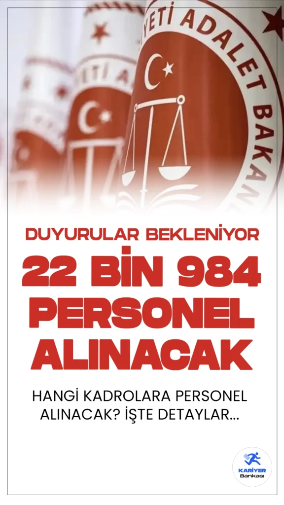 Adalet Bakanlığı 22 bin 984 Personel Alımı için Duyurular Bekleniyor.Geçtiğimiz aylarda Adalet Bakanı Yılmaz Tunç, 2024 yılı için 22 bin 984 personel alımı talebinde bulunduklarını açıklamıştı. Adalet Bakanı Tunç'un personel alımı açıklamalarının üzerine, adaylar heyecanla ilanın gelmesini beklemeye başladı.Kariyer bankası ve Kamu1.haberleri sayfalarımıza gelen mesajlarda, 22 bin 984 personel alımı için adaylar ilanların bir an önce gelmesi gerektiğini vurguladı.