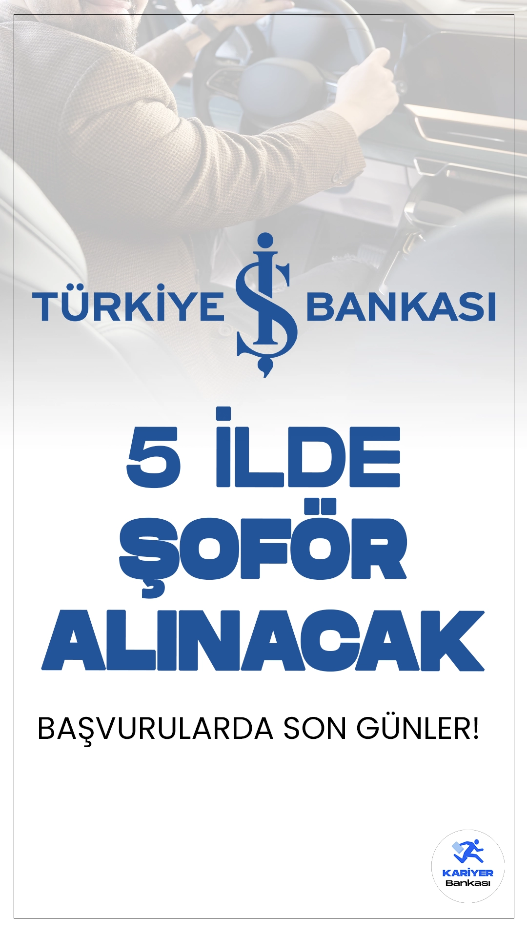 İş Bankası Şoför Alımı Başvurularında Son Günler.Türkiye İş Bankası Denizli, Kayseri, Muğla (Bodrum, Marmaris ve Milas ilçeleri), Sakarya ve Trabzon illerinde görevlendirilmek üzere makam şoförü ve para nakil aracı şoförü alımı başvurularında son günlere girildi. İşlemler 15 Eylül 2024 tarihinde sona erecek. Başvuru sayfası ve şartlara dair tüm detaylar Kariyerbankasi.net'te.