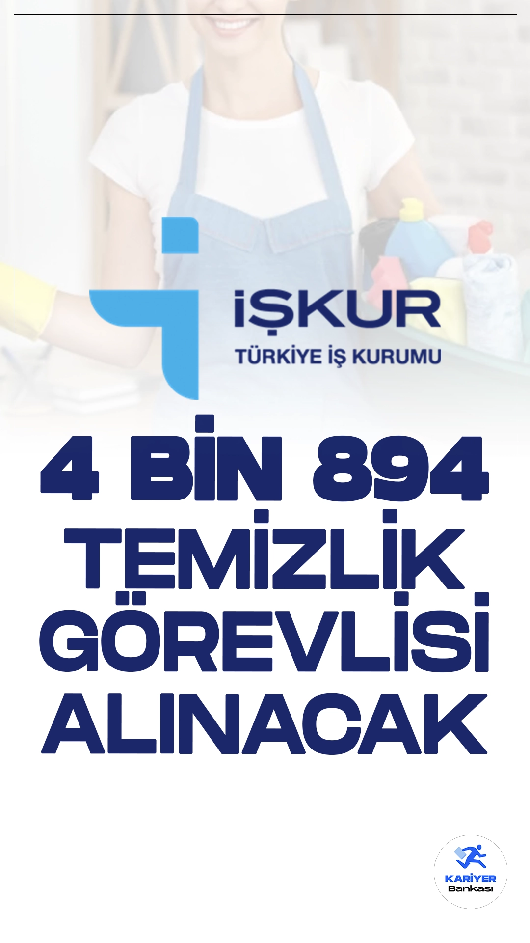 4 Bin 894 Temizlik Görevlisi Alınacak.Türkiye İş Kurumu sayfası üzerinden temizlik görevlisi alımı duyuruları peş peşe geldi. İŞKUR sayfasından özel sektör firmaları tarafından yayımlanan duyurulara göre, en az ilkokul mezunlarından 4894 temizlik görevlisi alımı yapılacak.Başvuru yapacak adayların belirtilen şartları sağlaması gerekmektedir.