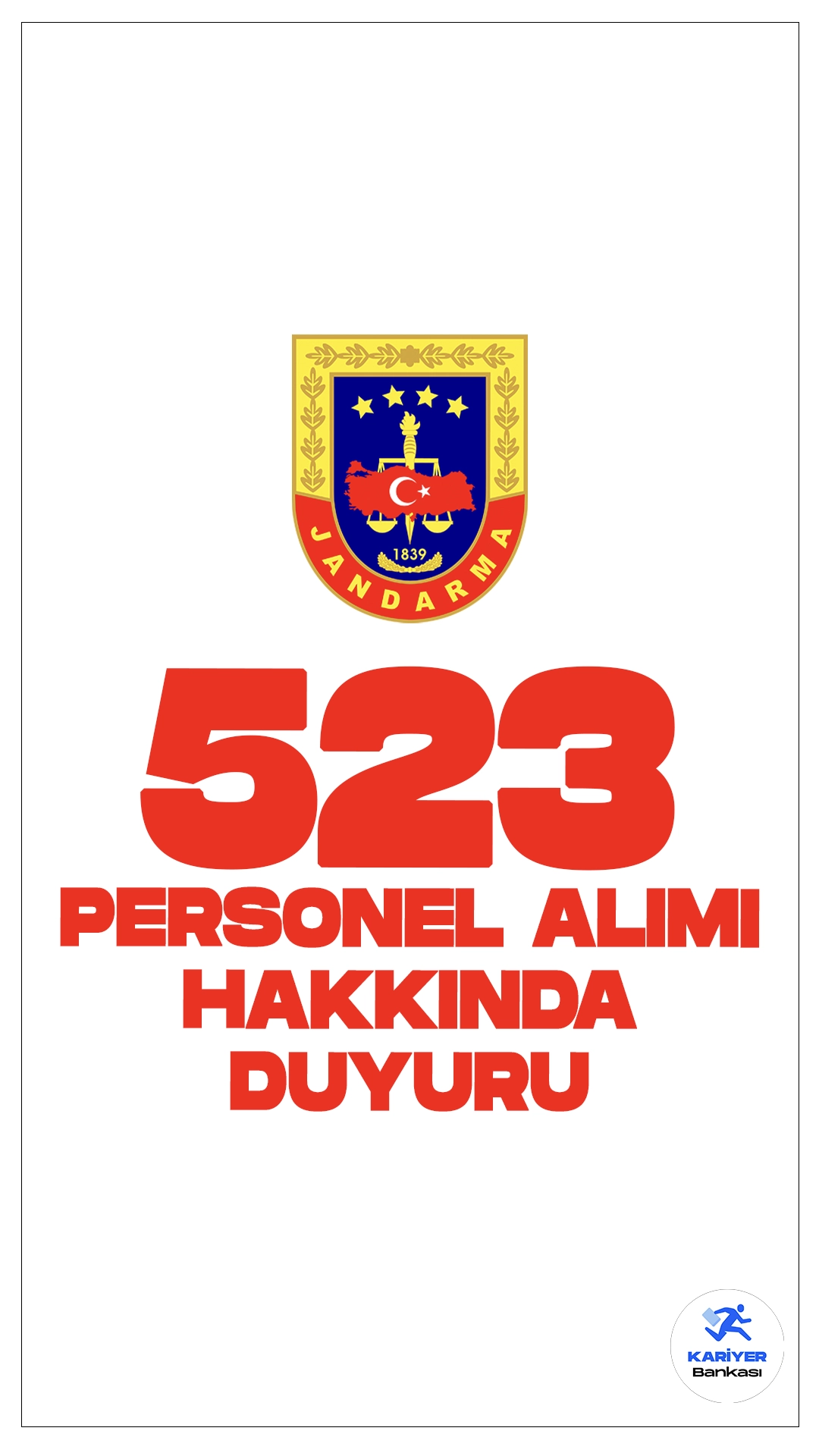 Jandarma 523 Askeri Personel Alımı Hakkında Duyuru Yayımlandı.Jandarma ve Sahil Güvenlik Akademisi (JSGA) tarafından gerçekleştirilen , 323 astsubay ve 200 subay alımı olmak üzere toplamda 523 askeri personel alımı başvuruları açıklandı.Adaylar, sonuçlarına T.C. kimlik numaraları ve e-Devlet şifreleri ile Jandarma ve Sahil Güvenlik Akademisi’nin resmi web sitesi üzerinden erişim sağlayabilirler.