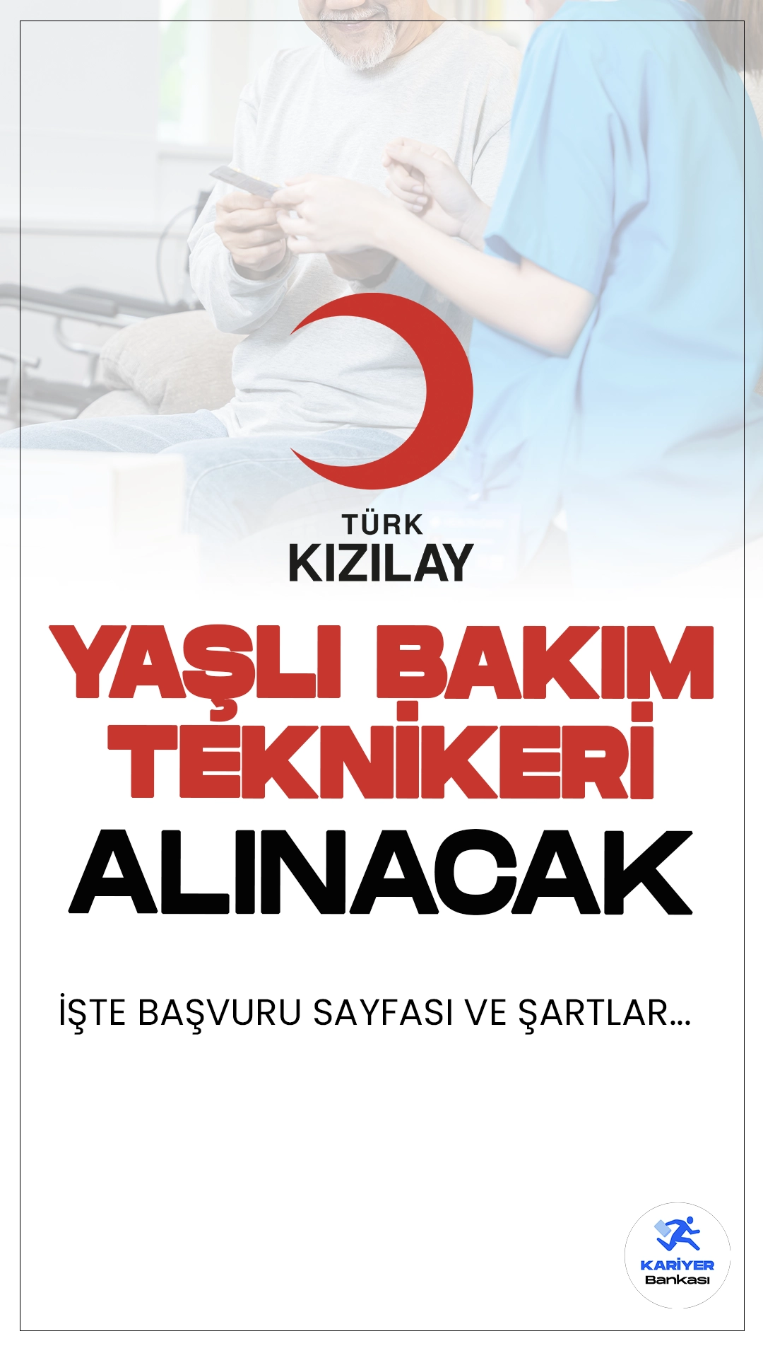 Kızılay Yaşlı Bakım Teknikeri Alacak! İşte Şartlar...Kızılay Kariyer sayfasından yayımlanan duyuruda , Kızılay'a yaşlı bakım teknikeri alımı yapılacağı aktarılırken, başvuruların online olarak yapılacağı kaydedildi.Kızılay'ın İstanbul'daki bakım biriminde görevlendirilmek üzere yapılacak bu alımda, adayların belirtilen şartları taşıması gerekmektedir. İşte şartlar ve başvuru bilgileri..