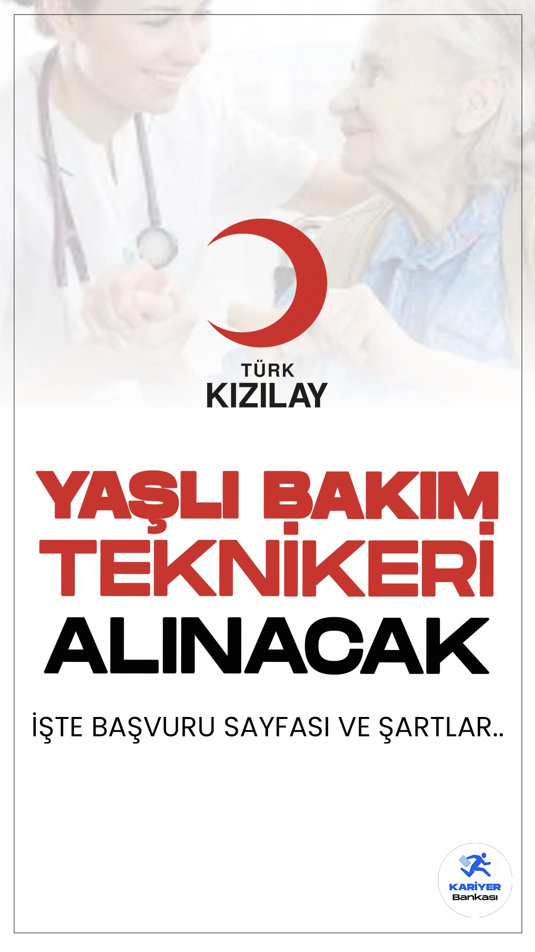 Kızılay Yaşlı Bakım Teknikeri Alımı Başvuruları Devam Ediyor.Kızılay Kariyer sayfasından yayımlanan duyuruya göre , Kızılay'a yaşlı bakım teknikeri alımı yapılacak. Başvuru işlemleri online olarak sürüyor.Kızılay'ın İstanbul'daki bakım biriminde görevlendirilmek üzere yapılacak bu alımda, adayların belirtilen şartları sağlaması gerektiği kaydedildi. İşte şartlar ve başvuru bilgileri..