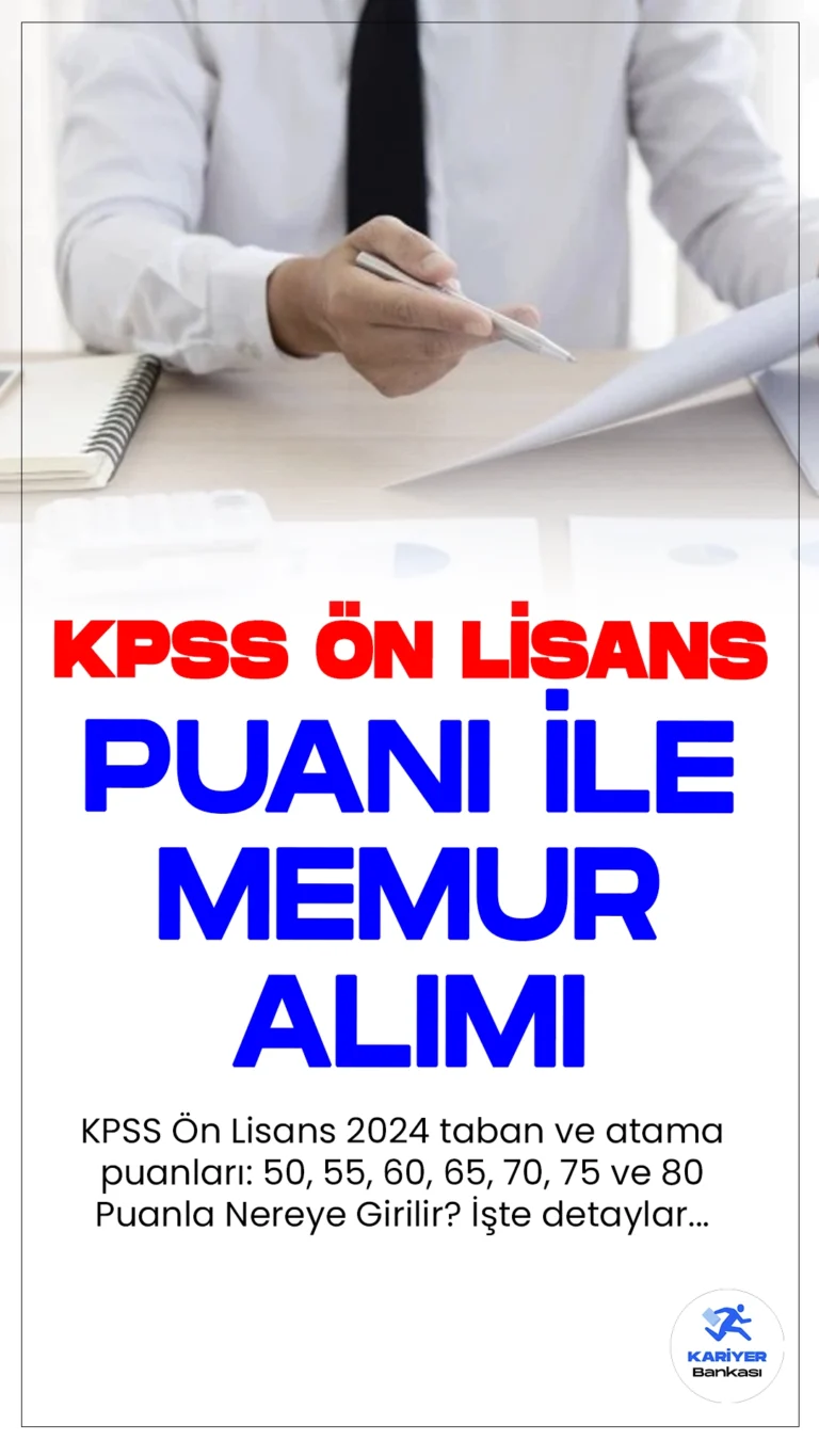 KPSS Ön Lisans 2024 Taban ve Atama Puanları: 50, 55, 60, 65, 70, 75 ve 80 Puanla Nereye Girilir?KPSS ön lisans taban puanları ve son atama puanları, sınav sonuçlarının açıklanmasıyla birlikte gündeme geldi. ÖSYM, KPSS sınav sonuçlarını erişime açtı. Puanlarla kamu kurumlarında memur olmayı hedefleyen adaylar, son atama puanlarını araştırıyor.
