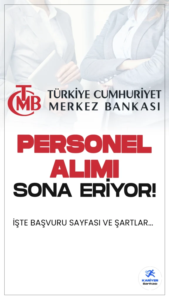Türkiye Cumhuriyet Merkez Bankası (TCMB) Personel Alımı Başvuruları Sona Eriyor.Merkez Bankası mimar ve mühendis ünvanlarında personel alımı başvurularında sona gelindi. Alımlar, tam zamanlı ve kadrolu pozisyonlar için yapılacak olup, çalışma yerleri Ankara ve İstanbul'da bulunan Banknot Matbaası, Emisyon Genel Müdürlüğü ve Yapı ve Tedarik İşleri Genel Müdürlüğü olarak belirlendi. Başvuru işlemleri yarın(16 Eylül) sona erecek. Başvuru yapacak adayların belirtilen şartları taşıması gerekmektedir.