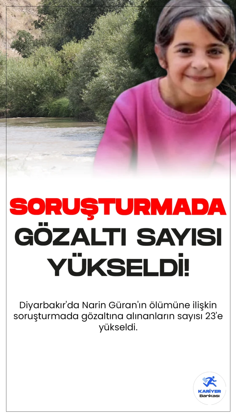 Narin Güran Soruşturmasında Gözaltı Sayısı 23'e Yükseldi.Diyarbakır'da 8 yaşındaki Narin Güran'ın ölümüne ilişkin başlatılan soruşturmada gözaltına alınanların sayısı 23'e yükseldi. Olay tüm Türkiye'yi yasa boğarken, soruşturma çok yönlü olarak devam ediyor.