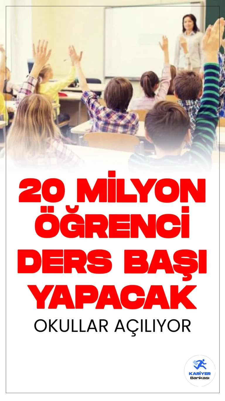 Okullar Yarın Açılıyor: 20 Milyon Öğrenci Ders Başı Yapacak.Yeni eğitim-öğretim yılı, yarın 20 milyondan fazla öğrencinin ders başı yapmasıyla başlıyor. Öğrenciler, ilk dönem ara tatiline 11 Kasım’da çıkacak.