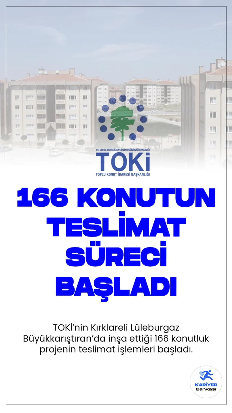TOKİ’nin Kırklareli Lüleburgaz Büyükkarıştıran’da inşa ettiği 166 konutluk projenin teslimat işlemleri başladı. 26 Eylül – 04 Ekim 2024 tarihleri arasında yapılacak teslimat işlemleri, UBM Uluslararası Birleşmiş Müşavirler Müşavirlik Hizmetleri A.Ş. tarafından proje sahasında gerçekleştirilecek.