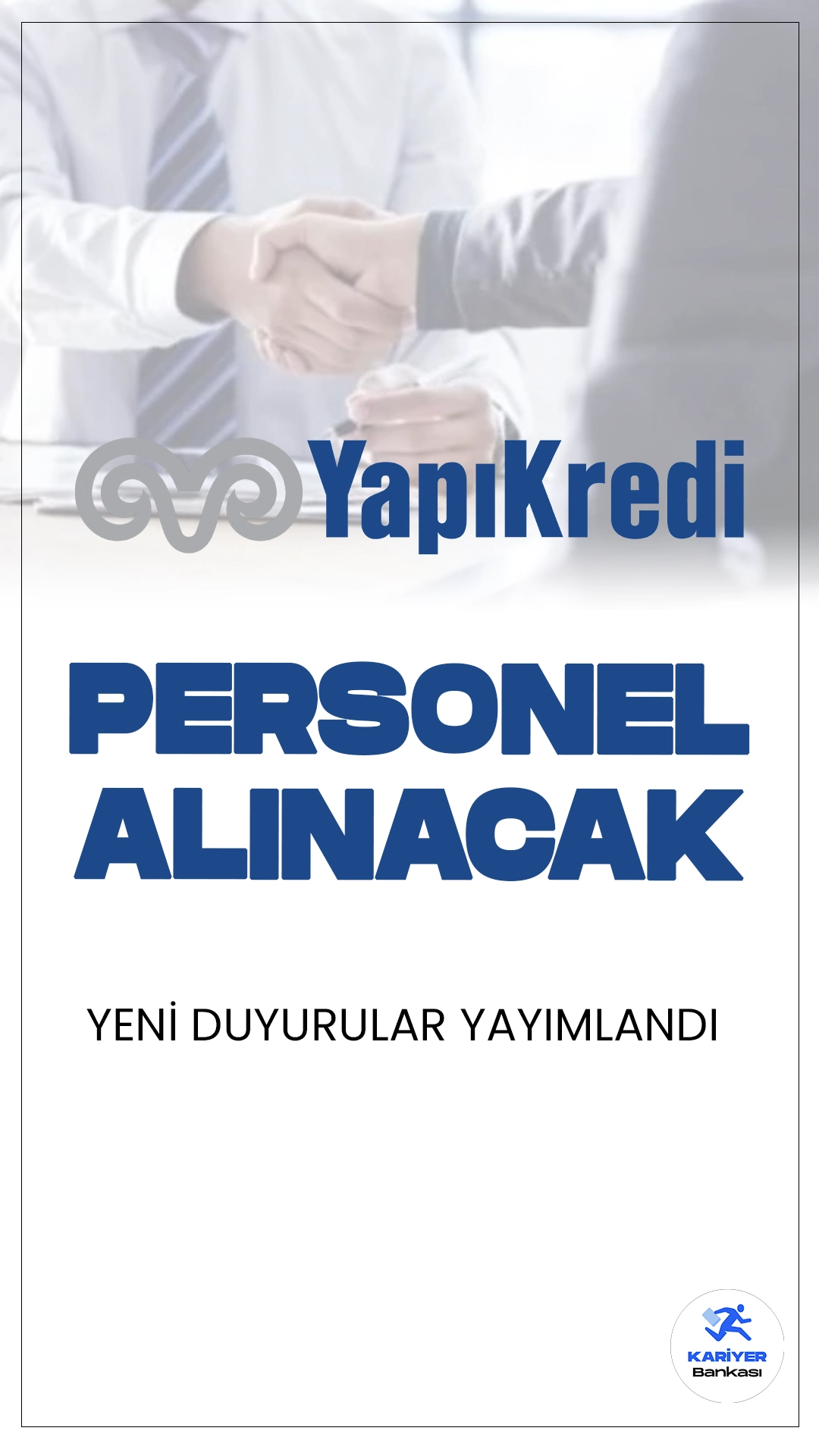 Yapı Kredi Personel Alımı Duyuruları Yayımlandı.Yapı Kredi Bankası, Türkiye’nin en köklü ve büyük bankalarından biri olarak İzmir, İstanbul ve Bursa illerinde yeni personel alımları gerçekleştireceğini duyurdu. Banka tarafından yayınlanan ilana göre, birçok farklı pozisyonda personel alımı yapılacak. İlgili ilan kapsamında ticari portföy yöneticisi, direkt satış yetkilisi, bölge portföy yönetmeni, operasyon yönetmeni, operasyon yöneticisi ve müşteri hizmetleri temsilcisi gibi çeşitli kadrolarda alım yapılacak.