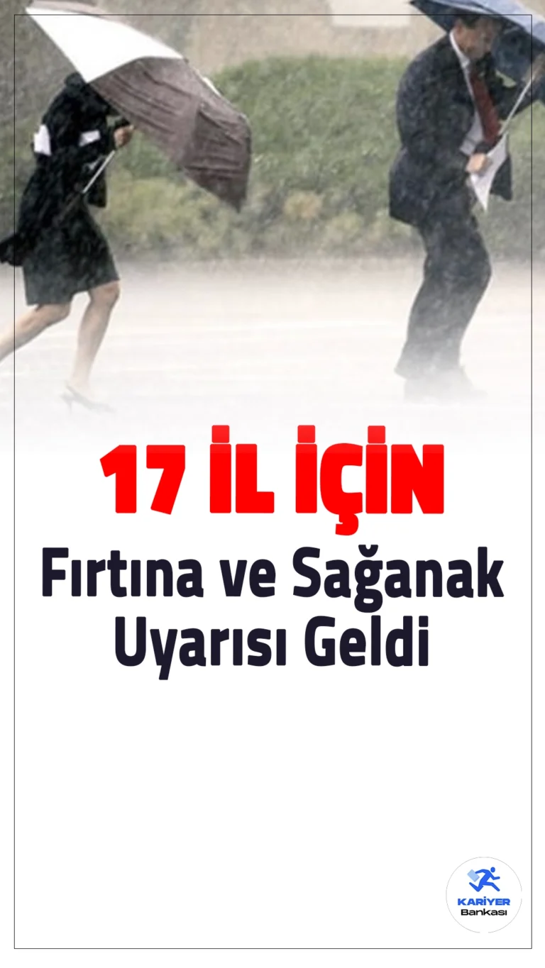 Meteoroloji'den 17 il için Sarı ve Turuncu Kod Uyarısı Geldi.Meteoroloji, 17 il için fırtına ve sağanak yağış uyarısı yaptı. Sel, su baskını ve kuvvetli rüzgar gibi olumsuzluklara karşı vatandaşlar dikkatli olmalı.