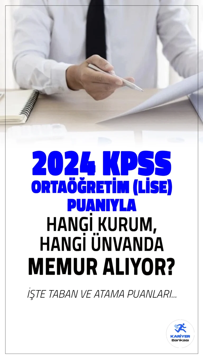 2024 KPSS Ortaöğretim (Lise) Puanıyla Memur Alımı Yapan Kurumlar.Ortaöğretim KPSS puanlarına göre kamu kurumları çeşitli kadrolar açıyor ve atamalar bu puanlara göre gerçekleştiriliyor. ÖSYM tarafından gerçekleştirilen KPSS 2024/1 merkezi atama tercih kılavuzuna göre, lise (ortaöğretim) mezunlarından, Darülaceze Başkanlığı, Devlet Demiryolları Taşımacılık A.Ş., Gelir İdaresi Başkanlığı, Türkiye Şeker Fabrikaları A.Ş., Türkiye Taşkömürü Kurumu, Toprak Mahsulleri Ofisi ve İstanbul Teknik Üniversitesi gibi kurumlar KPSSP94 puanı ile memur alımı yaptı.