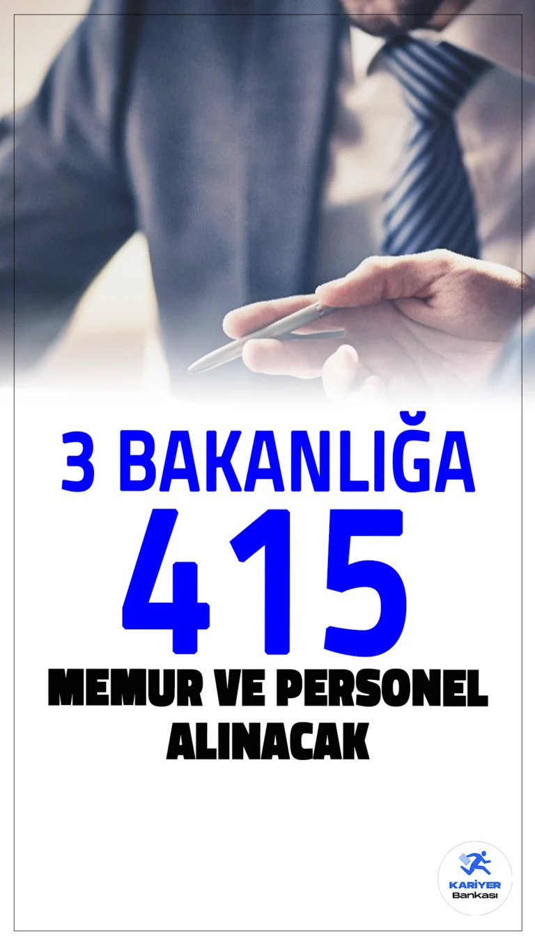 3 Bakanlık 415 Memur ve Personel Alımı Yapacak.Resmi Gazete’de ve Cumhurbaşkanlığı Strateji ve Bütçe Başkanlığı Kamu İlan sayfasında yayımlanan duyurulara göre, Milli Eğitim Bakanlığı (MEB), Adalet Bakanlığı ve Kültür ve Turizm Bakanlığına memur ve sözleşmeli personel alımı yapılacak. Başvuru yapacak adayların genel ve özel şartları sağlaması gerekmektedir.