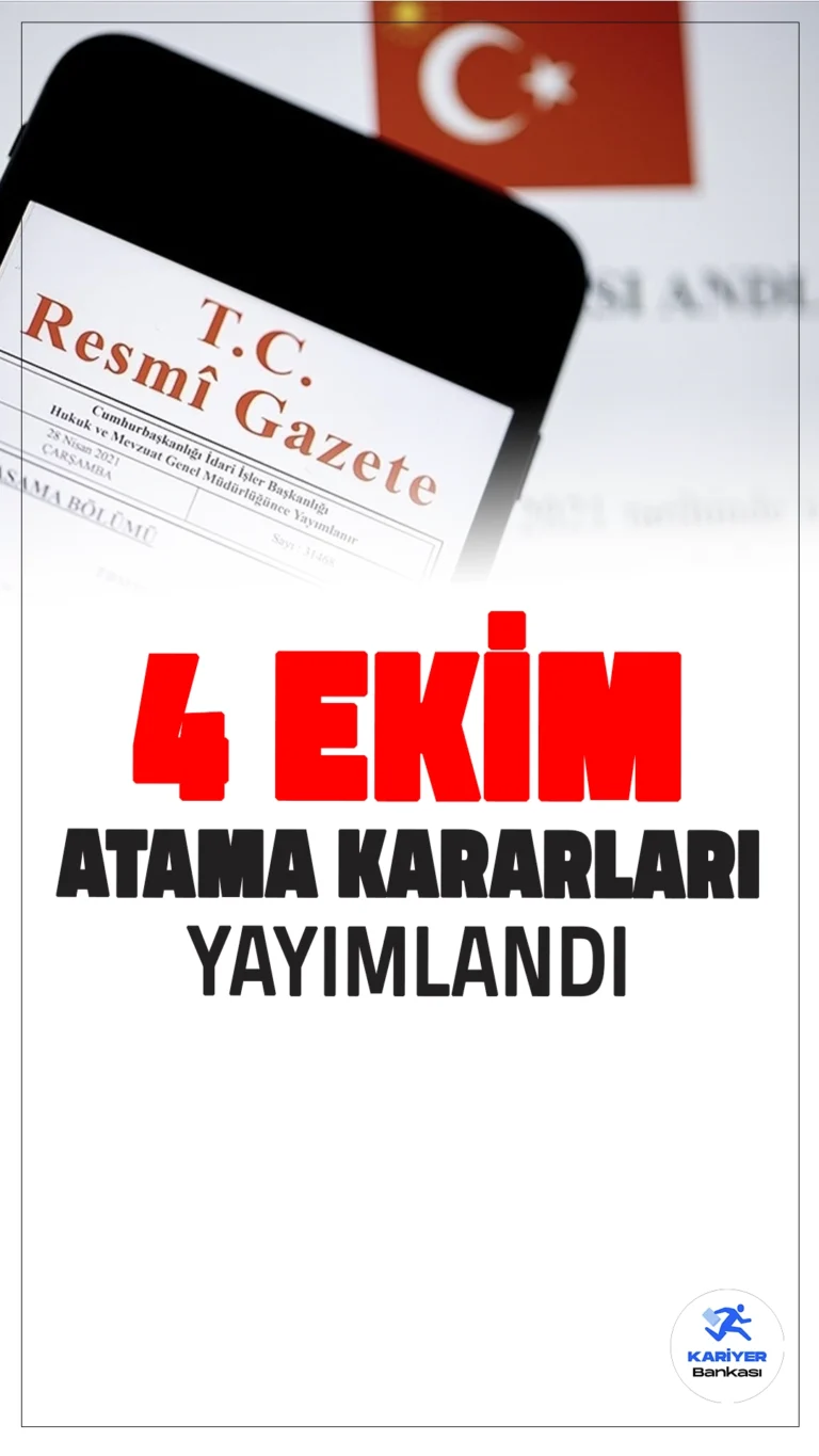 4 Ekim Atama Kararları Resmi Gazete'de Yayımlandı.3 Ekim 2024 tarihinde Cumhurbaşkanı Recep Tayyip Erdoğan’ın imzasıyla yayımlanan Cumhurbaşkanlığı Kararnamesi, 4 Ekim 2024 Cuma günü Resmî Gazete’nin 32682 sayılı nüshasında duyurulmuştur.