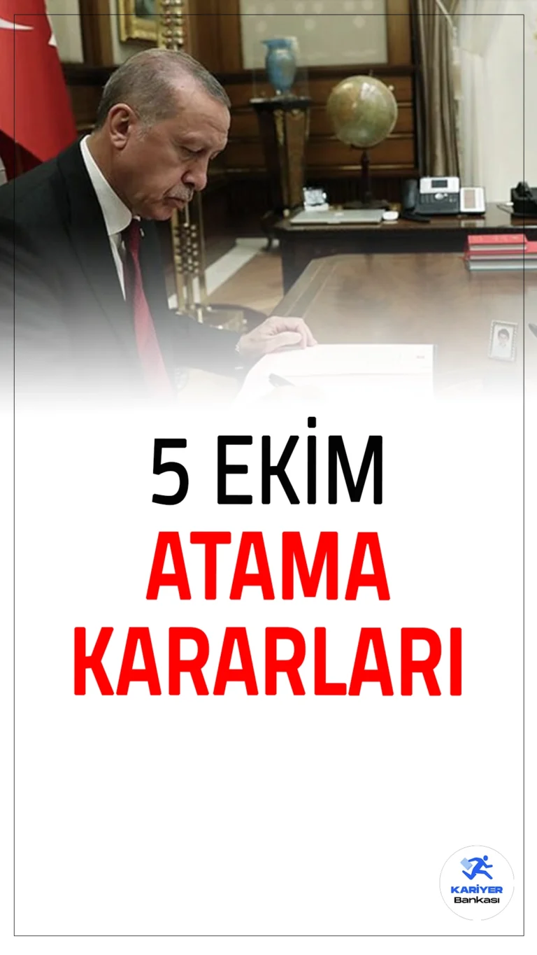 5 Ekim Atama Kararları Resmi Gazete'de Yayımlandı.Cumhurbaşkanı Erdoğan’ın imzasıyla yayınlanan atama kararnamesiyle birçok kamu görevlisinin ataması gerçekleştirildi. İşte detaylar.