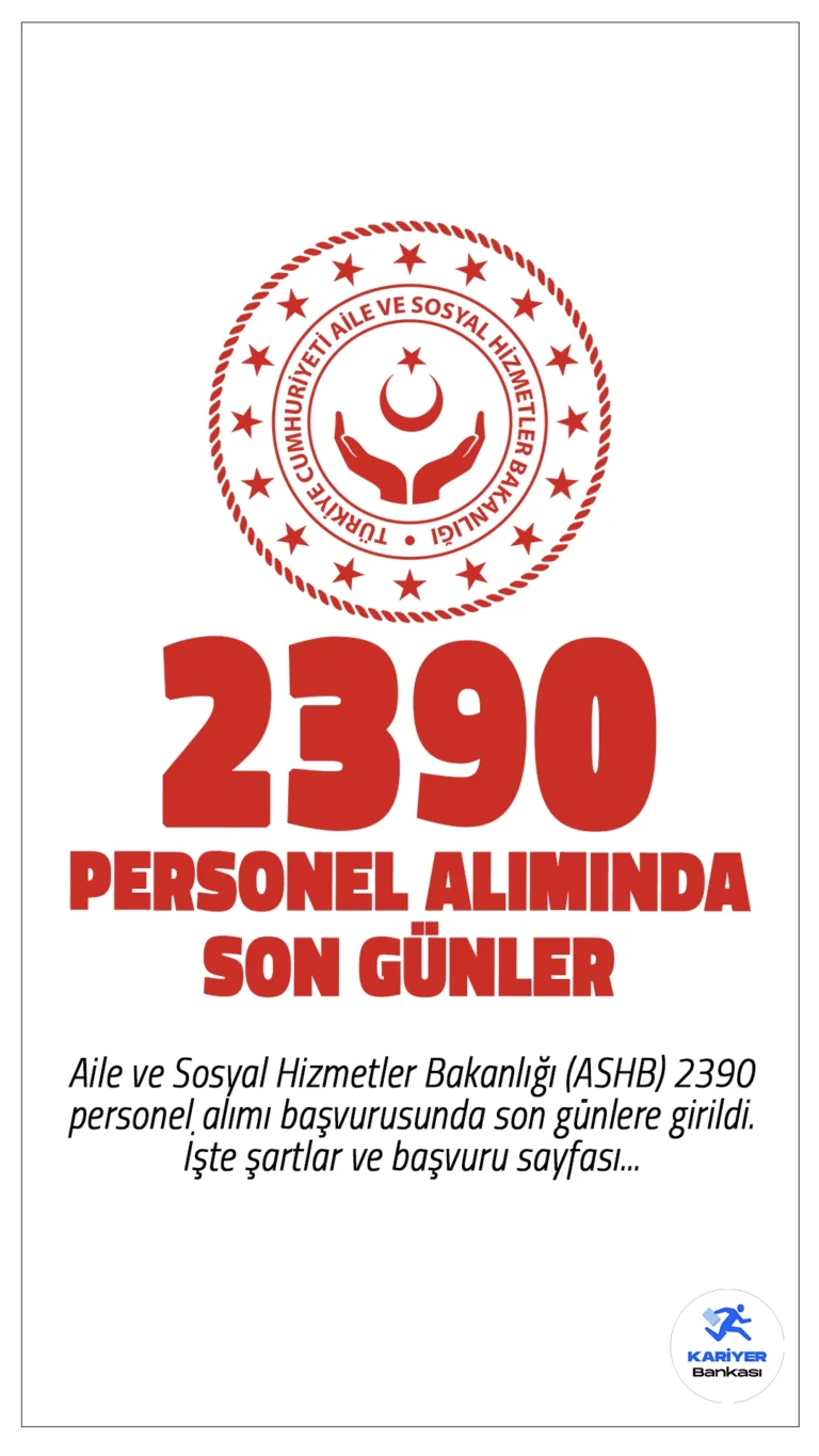 Aile ve Sosyal Hizmetler Bakanlığı (ASHB) 2390 Personel Alımı Başvurusunda Son Günler.Resmi Gazete'de yayımlanan duyuruda, Aile ve Sosyal Hizmetler Bakanlığı taşra teşkilatında görevlendirilmek üzere 2 bin 390 sözleşmeli personel alımı yapılacağı aktarılırken, başvuruların 30 Ekim 2024 tarihinde sona ereceği kaydedildi.Başvuru yapacak adayların genel şartların yanı sıra, özel şartları da sağlaması gerekmektedir. İşte şartlar ve başvuru sayfası...
