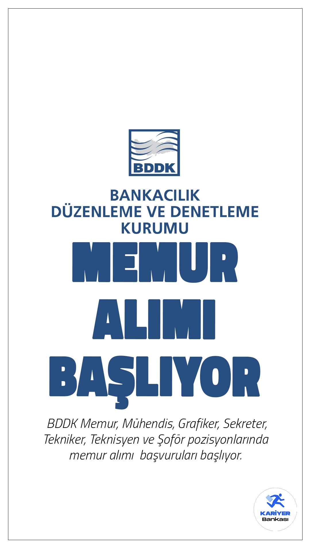 BDDK 45 Memur Alımı Başvurusu Başlıyor.Cumhurbaşkanlığı SBB'de yayımlanan duyuruda, Bankacılık Düzenleme ve Denetleme Kurumu (BDDK), Memur, Mühendis, Grafiker, Sekreter, Tekniker, Teknisyen ve Şoför pozisyonlarında memur alımı yapılacağı aktarılırken, başvuruların 10 Ekim 2024 tarihine başlayacağı aktarıldı.İşte şartlar...
