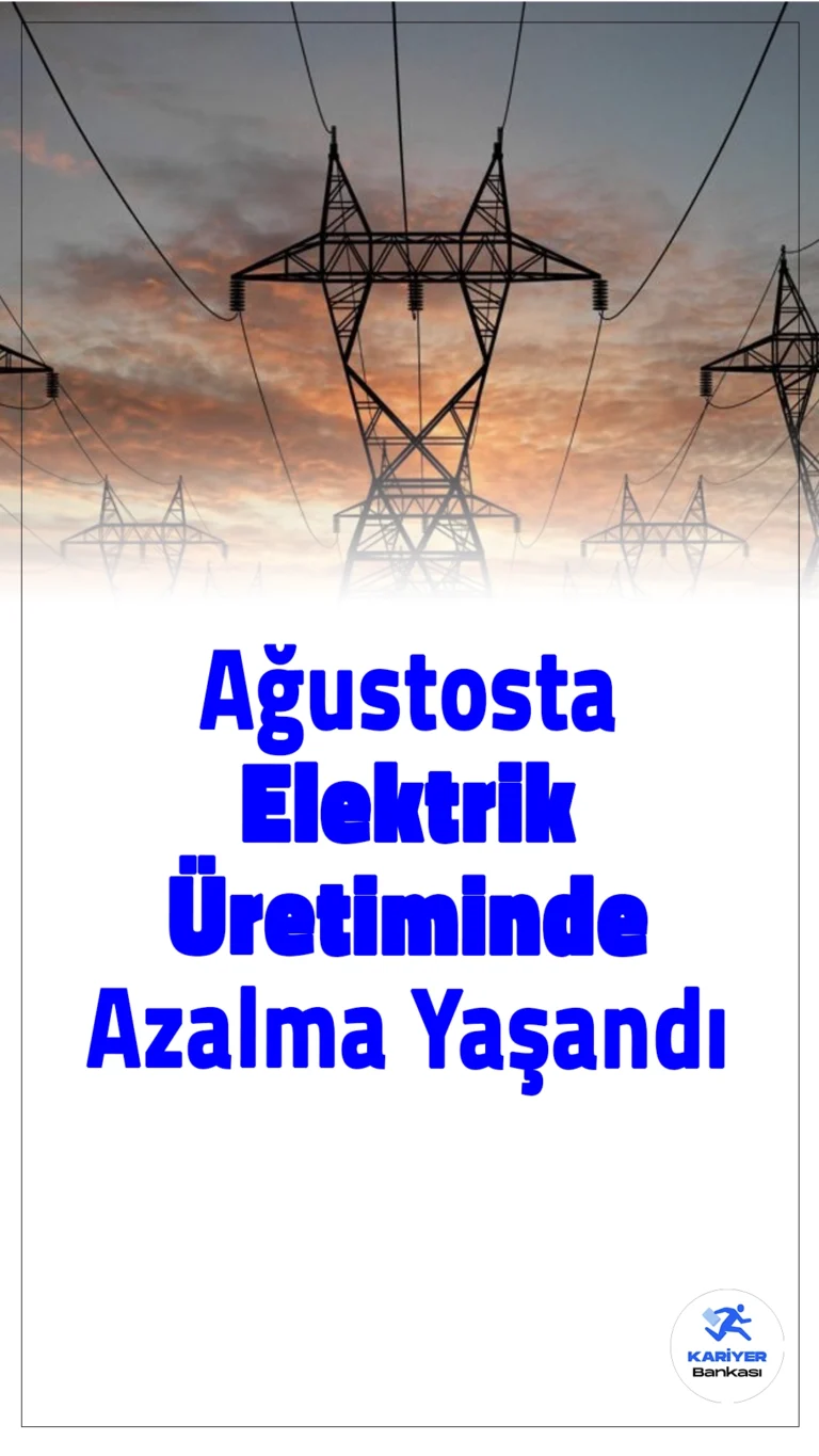 Ağustosta Türkiye'nin Elektrik Üretiminde Azalma Yaşandı.Türkiye'nin lisanslı elektrik üretimi, ağustosta geçen yılın aynı dönemine göre %1,53 azalarak 31 milyon 215 bin 885 megavatsaat olarak gerçekleşti.