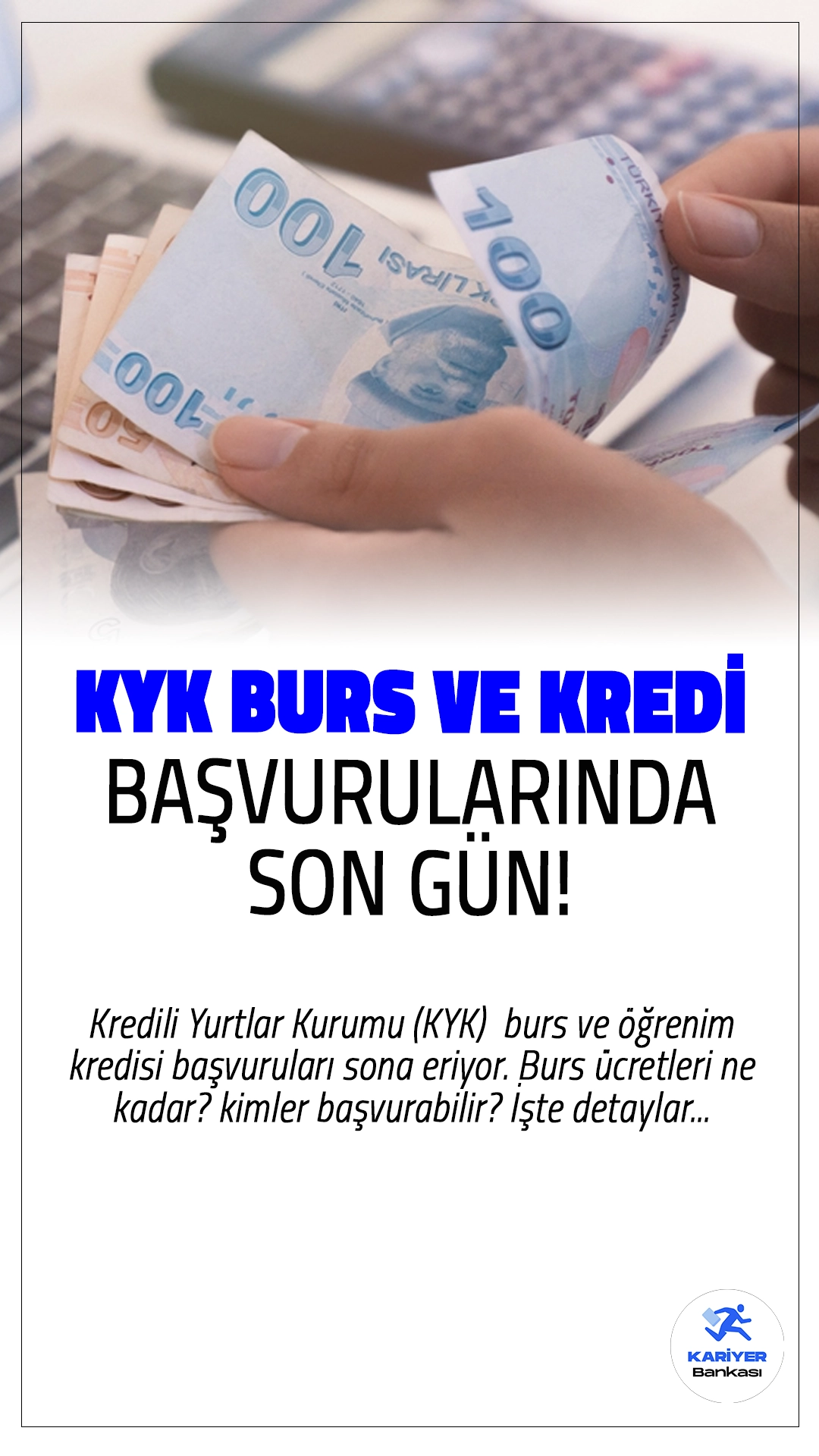 KYK Burs Başvurularında Son Gün!Kredili Yurtlar Kurumu (KYK) 2024-2025 eğitim yılı için burs ve öğrenim kredisi başvuruları için son tarih yaklaşıyor. 13 Ekim 2024 saat 23.59'a kadar başvurunuzu e-Devlet üzerinden yapabilirsiniz. Son dakikaya kalmadan işlemlerinizi tamamlayın!