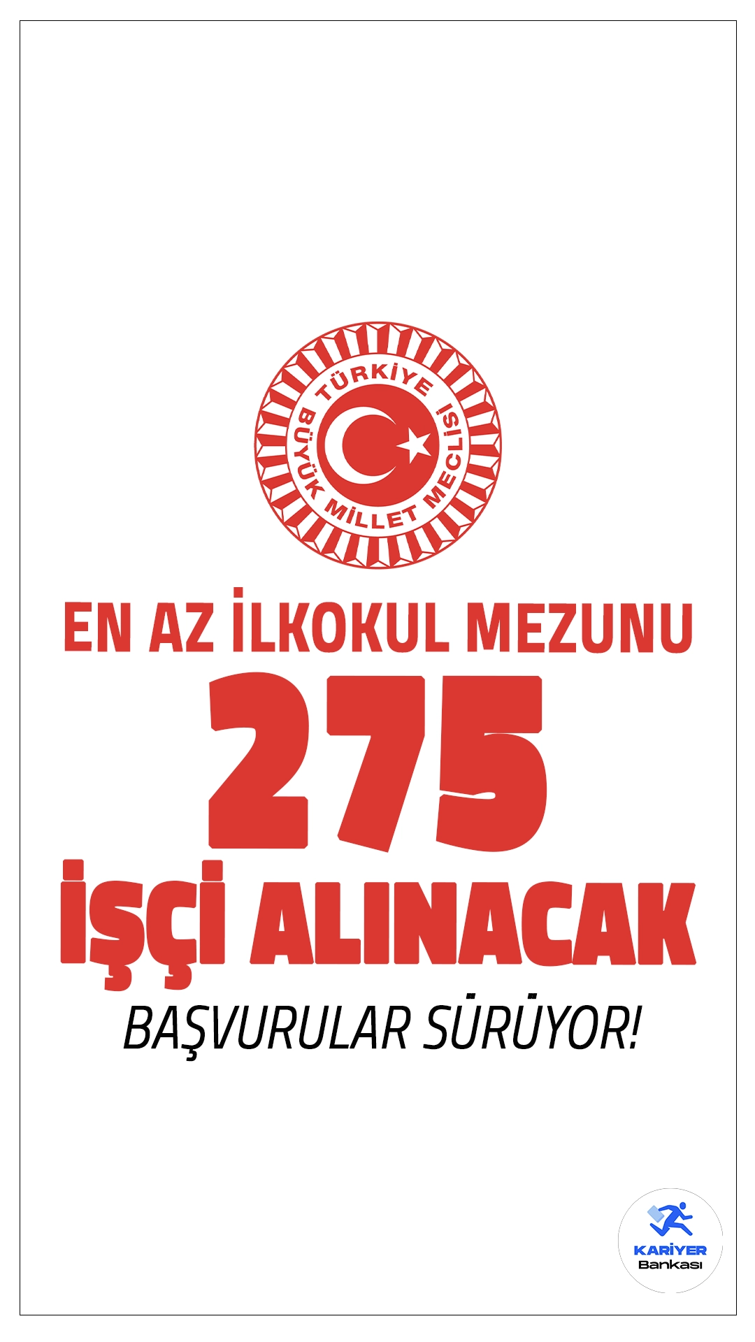 Türkiye Büyük Millet Meclisi (TBMM) 275 İşçi Alımı Başvurusu Sürüyor.TBMM 37 ünvanda işçi alımı başvurularında KPSS şartı aranmayacak olup, alımlar kura çekimi yöntemi ile gerçekleştirilecek. Başvuru işlemleri 27 Ekim'de sona erecek. Başvuru süreci tamamlandıktan sonra, kura çekimi 18 Aralık 2024'te TBMM’de düzenlenecek.İşte kontenjanlar ve şartlar...