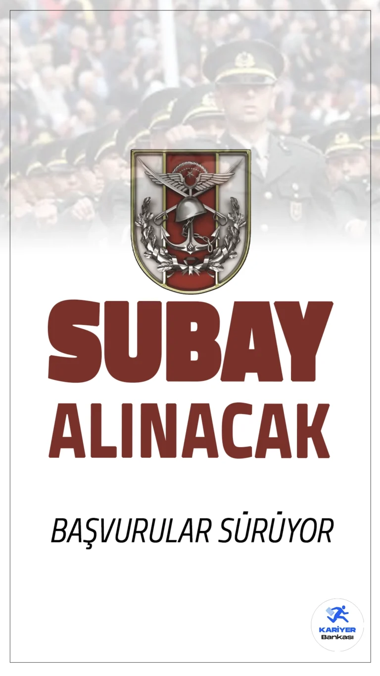 Türk Silahlı Kuvvetleri (TSK) Subay Alımı için Başvurular Devam Ediyor.Türk Silahlı Kuvvetleri (TSK), en az dört yıllık fakülte veya yüksekokul mezunu adaylardan 2024 yılı için muvazzaf subay alımı yapacak. Bu alım kapsamında Kara, Deniz, Hava Kuvvetleri ve Milli Savunma Üniversitesi (MSÜ) kadrolarında görev almak isteyen adaylar başvuruda bulunabilecekler.Başvurular 20 Ekim 2024 tarihine kadar sürecek.