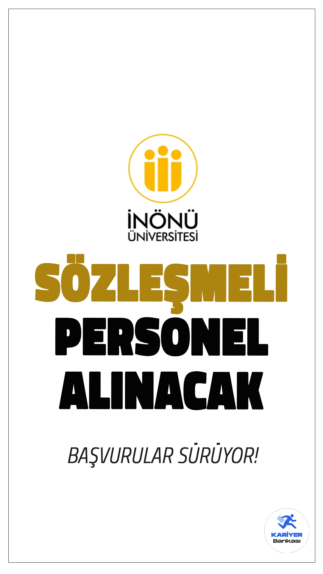 İnönü Üniversitesi 110 Personel Alımı Başvuruları 18 Ekim'de Sona Erecek.İnönü Üniversitesi hemşire, sağlık teknikeri, fizyoterapist, diyetisyen, psikolog, mühendis, büro personeli, teknisyen, güvenlik, destek personeli, odyolog, kütüphaneci, çözümleyici/sistem programcısı ünvanlarında sözleşmeli personel alımı için başvurular sürüyor. İşlemler 18 Ekim'de sona erecek. Başvuru yapacak adayların genel ve özel şartları sağlaması gerekmektedir.