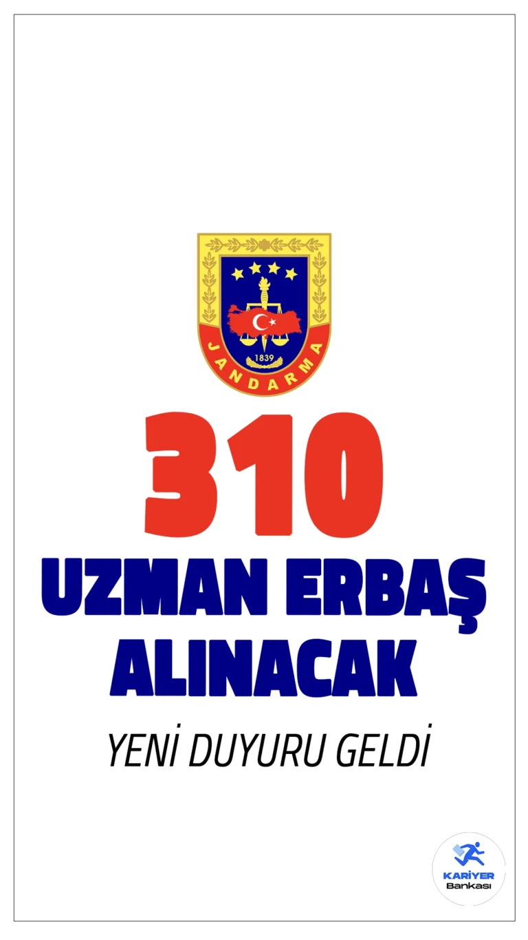 Jandarma Genel Komutanlığı 310 Uzman Erbaş Alımı Başlıyor.Jandarma Genel Komutanlığı, 300 lojistik ve 10 bando alt branşlarında görev almak üzere toplam 310 uzman erbaş alımı yapacağını duyurdu. Başvurular 23 Ekim - 06 Kasım 2024 tarihleri arasında yapılacak olup, adaylar internet üzerinden başvurularını gerçekleştirebilecek.