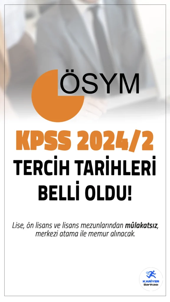 KPSS 2024/2 Tercih Tarihleri Belli Oldu!2024 KPSS merkezi yerleştirmeleri kapsamında ikinci yerleştirme dönemi için tercih tarihleri belli oldu. Kamuya atanmayı bekleyen adaylar için tercihler 19-26 Aralık 2024 tarihleri arasında alınacak. Bu süreçte lise, ön lisans ve lisans mezunları için mülakatsız kadrolu alımlar gerçekleştirilecek.