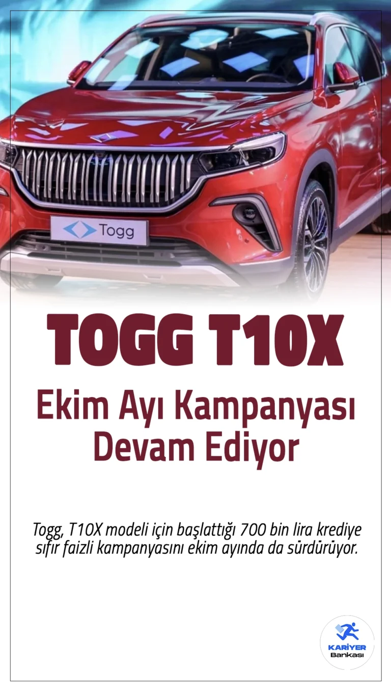 Togg T10X Ekim Ayı Kampanyası Devam Ediyor.Togg, T10X modeli için başlattığı 700 bin lira krediye sıfır faizli kampanyasını ekim ayında da sürdürüyor. Bireysel ve kurumsal müşterilere avantajlı finansman seçenekleri sunuluyor.