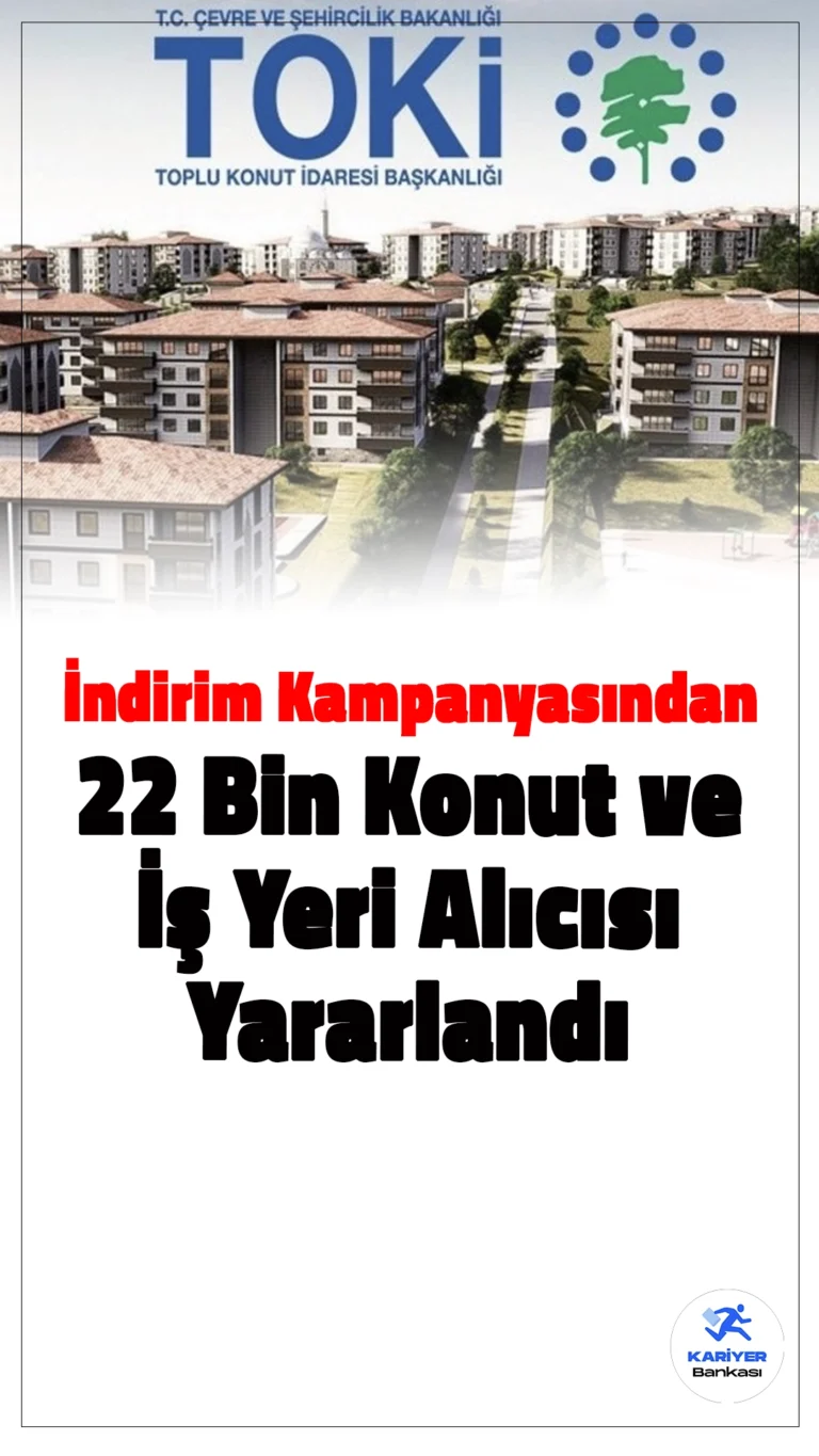 TOKİ’nin İndirim Kampanyasından 22 Bin Konut ve İş Yeri Alıcısı Yararlandı.TOKİ'nin borçlarına yönelik başlattığı yüzde 25 peşin ödeme indirim kampanyasından 22 bini aşkın kişi yararlandı. Kampanya, konut ve iş yeri alıcılarının borçlarını erken kapatmalarını sağladı.