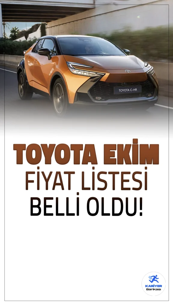 Toyota Ekim 2024 Fiyat Listesi Belli Oldu.Toyota, 2024 yılı modelleriyle geniş bir araç yelpazesi sunmaya devam ediyor. Bu modeller arasında Toyota Corolla, Toyota Corolla Cross, Toyota C-HR ve Toyota Yaris Cross gibi dikkat çeken araçlar bulunuyor.