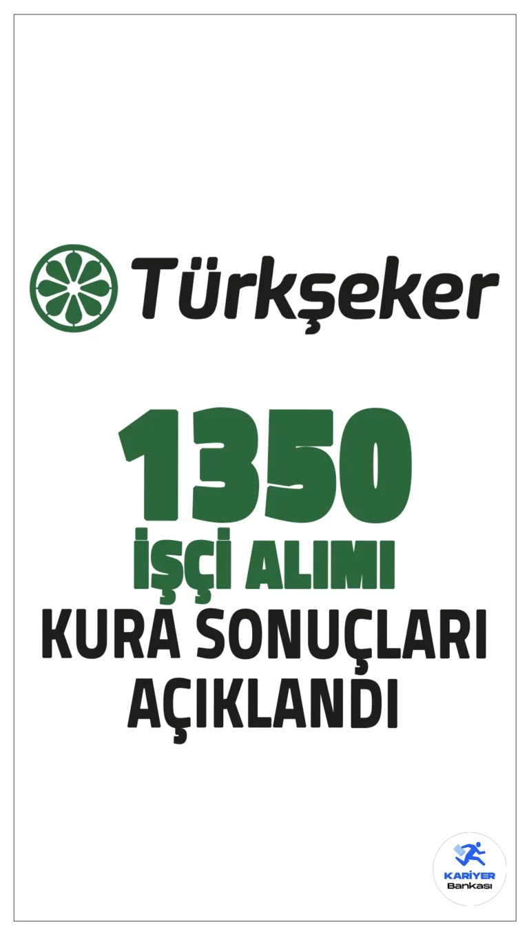 Türkşeker 1350 İşçi Alımı Kura Sonuçları Açıklandı. Türkşeker sayfasından yayımlanan duyuruda, başvuruları 23 - 27 Eylül 2024 tarihleri arasında alınan 1350 geçici işçi alımı kapsamında, 14 Ekim'de noter huzurunda gerçekleşen işçi alımı kura sonuçlarının açıklandığı aktarıldı.