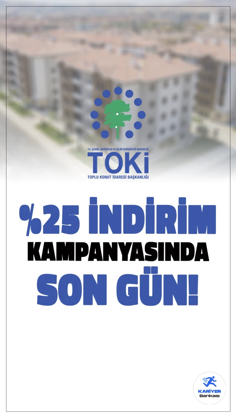 TOKİ Yüzde 25 İndirim Kampanyasında Son Gün!TOKİ’nin 2023 Temmuz öncesi ev ve iş yeri alıcılarına yönelik başlattığı yüzde 25 indirim kampanyası, bugün itibarıyla sona eriyor. Kampanyadan yararlanmak isteyen vatandaşlar, 18 Ekim 2024 son başvuru tarihi olarak belirlenen bu fırsatı kaçırmamalı.