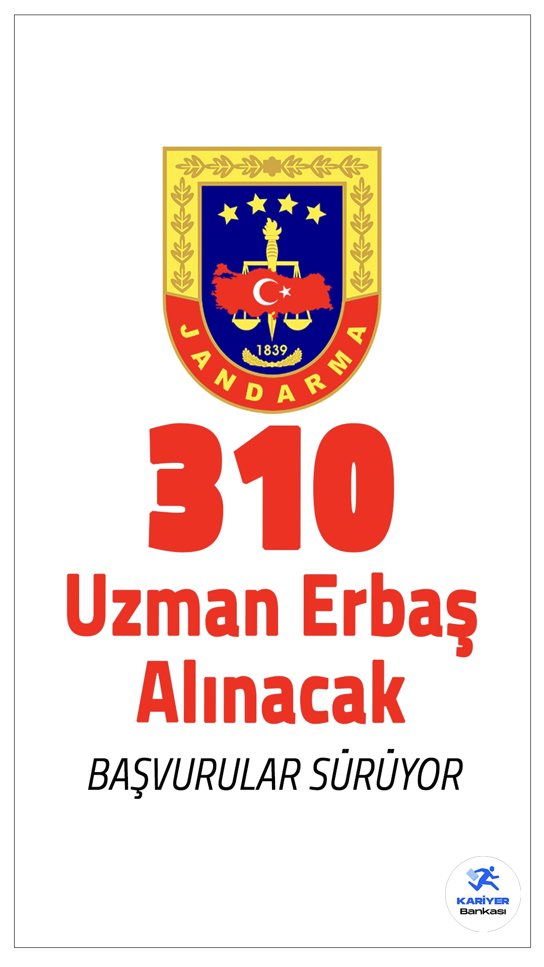 Jandarma 310 Uzman Erbaş Alımı Başvurusu Sürüyor.Jandarma Genel Komutanlığı, uzman erbaş alımı için başvuru işlemleri, 06 Kasım 2024 tarihine kadar alınacak. Adaylar başvurularını internet üzerinden online olarak gerçekleştirebiliyor. Başvuru yapacak adayların genel şartların yanı sıra, özel şartları da sağlaması gerekmektedir.
