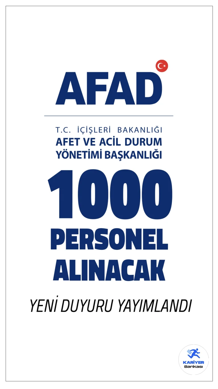 AFAD 1000 Personel Alımı Yapacak.Afet ve Acil Durum Yönetimi Başkanlığı (AFAD), taşra teşkilatında görevlendirilmek üzere toplamda 1.000 sözleşmeli personel alımı gerçekleştirecek. Başvurular 9 Aralık 2024 tarihinde başlayacak ve 17 Aralık 2024 saat 17:00'de sona erecek.