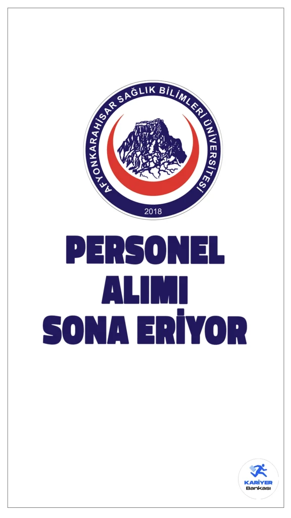 Afyonkarahisar Sağlık Bilimleri Üniversite (AFSÜ) Hastenesi 89 Personel Alımı Başvuruları Sona Eriyor.AFSÜ'ye Hemşire, Fizyoterapist, Çocuk Gelişimcisi, Sağlık Teknikeri (Ağız ve Diş Sağlığı), Sağlık Teknikeri (Anestezi), Sağlık Teknikeri (Patoloji), Sağlık Teknikeri (Tıbbi Laboratuvar), Sağlık Teknikeri (Radyoloji), Büro Personeli, Mühendis, Tekniker, Teknisyen, Destek Personeli, Koruma ve Güvenlik Görevlisi ünvanlarında personel alımı başvuruları yarın(8 Kasım) sona erecek.Başvuru yapacak adayların genel şartların yanı sıra, özel şartları da sağlaması gerekmektedir.