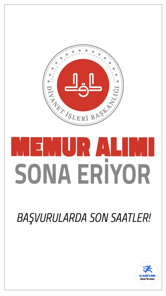 Diyanet 20 Memur Alımı Başvurularında Son Saatlere Girildi.Diyanet İşleri Başkanlığı mühendis, şehir bölge plancısı ve teknisyen ünvanlarında memur alımı başvuruları bugün(4 Kasım) son eriyor. İlan edilen kadrolar için 2024 Kamu Personeli Seçme Sınavı (KPSS) puanına göre sıralama yapılacak ve adaylar sözlü sınava tabi tutulacak.Başvuru yapacak adayların genel ve özel şartları sağlaması gerekmektir.