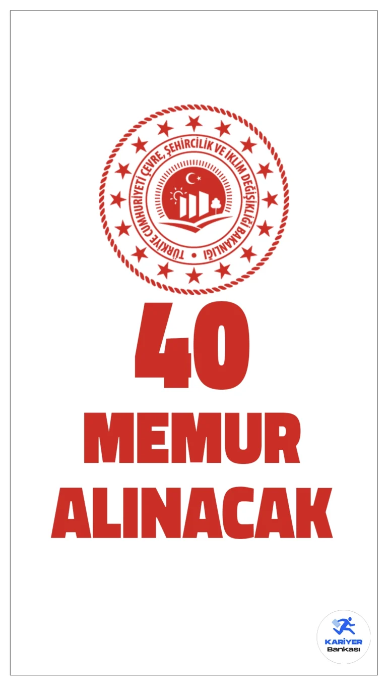 Çevre Bakanlığı 40 Personel Alımı Yapacak.Çevre, Şehircilik ve İklim Değişikliği Bakanlığı, taşra teşkilatında görevlendirilmek üzere 40 Milli Emlak Denetmen Yardımcısı alımı yapacağını duyurdu. Adaylar, özel yarışma sınavı ile seçilecek ve KPSS P48 puan türünden en az 70 puan almış olmaları gerekecek.