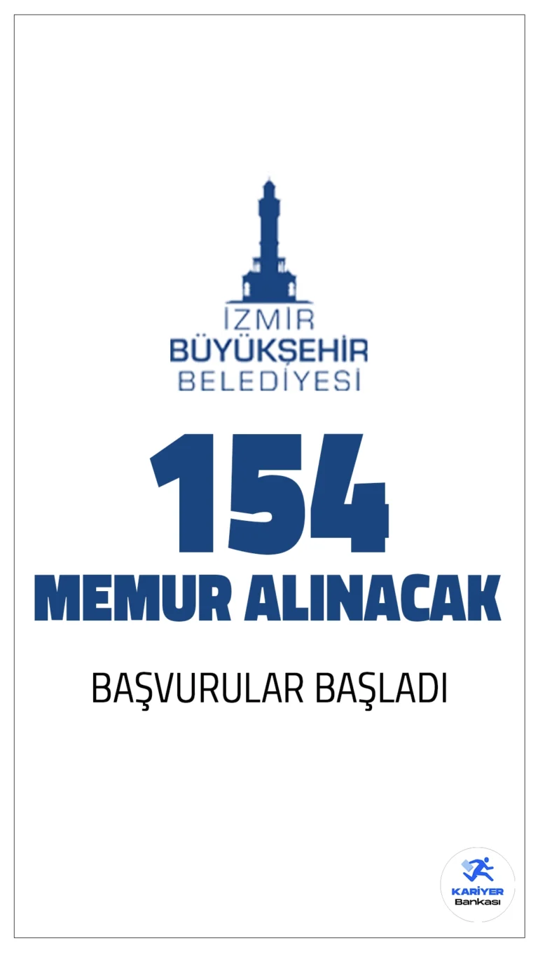 İzmir Büyükşehir Belediyesi 154 Memur Alımı Başvuruları Başladı.İlgili alım duyurusuna göre, İzmir Büyükşehir Belediyesi'ne uygulamalı ve sözlü sınavla 154 memur alımı yapılacak. Başvuru yapacak adayların genel şartların yanı sıra, özel şartları da dikkatle incelemesi gerekmektedir.Belirtilen kadrolar için başvuru tarihleri, genel ve özel şartlar ile ilgili detaylar belli oldu. İşte başvuruyla ilgili tüm detaylar: