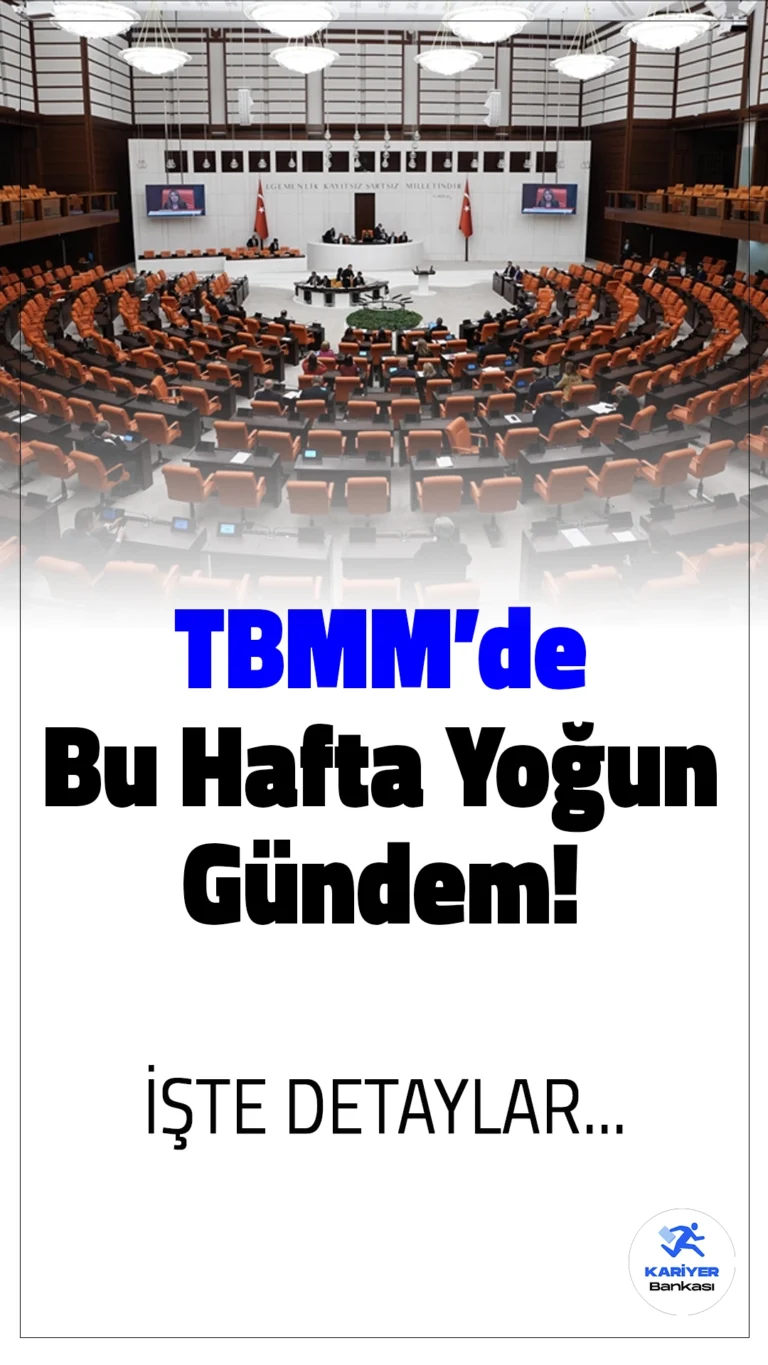 TBMM'de Bu Hafta Yoğun Gündem!Türkiye Büyük Millet Meclisi (TBMM), yeni haftada yoğun bir mesaiye hazırlanıyor. Siber Güvenlik Başkanlığı'nın kanuni altyapısı oluşturulacak, Kartalkaya yangını araştırılacak ve yeni düzenlemeler görüşülecek.