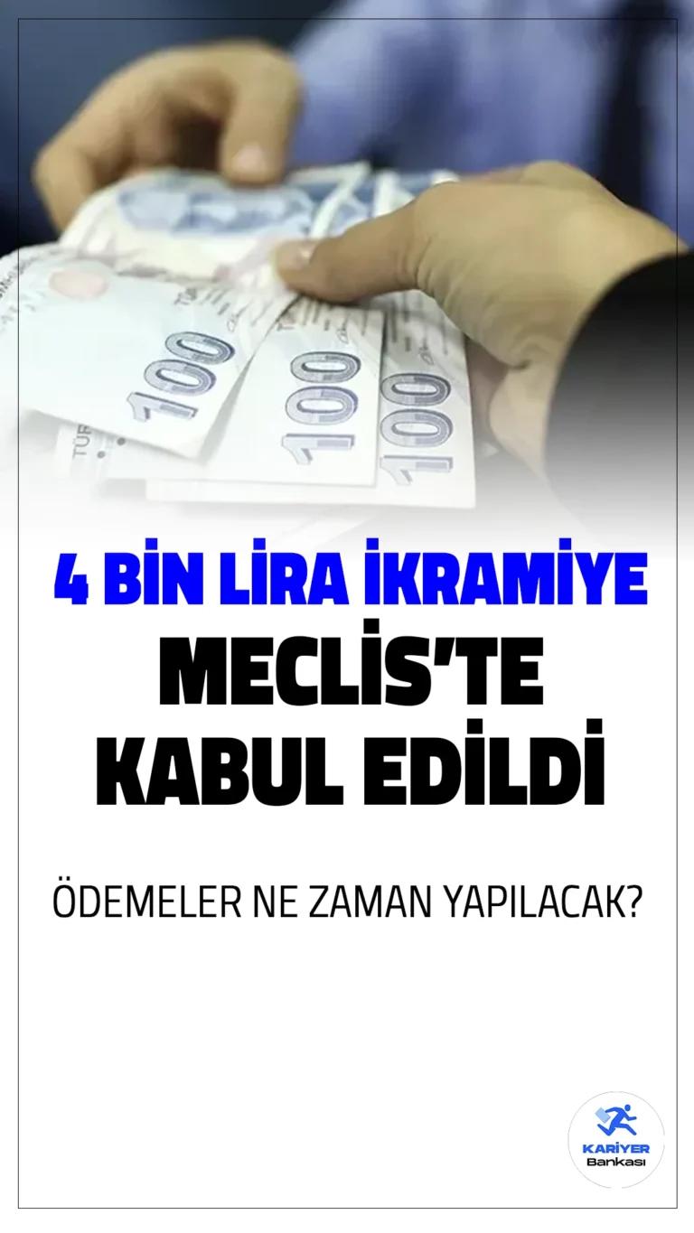 4 Bin Lira Bayram İkramiyesi Meclis'te Kabul Edildi.Emekli bayram ikramiyesi 4 bin liraya yükseltildi. Yeni yasa ile doğum yardımı da kapsamlı şekilde düzenlenerek Meclis’te kabul edildi.