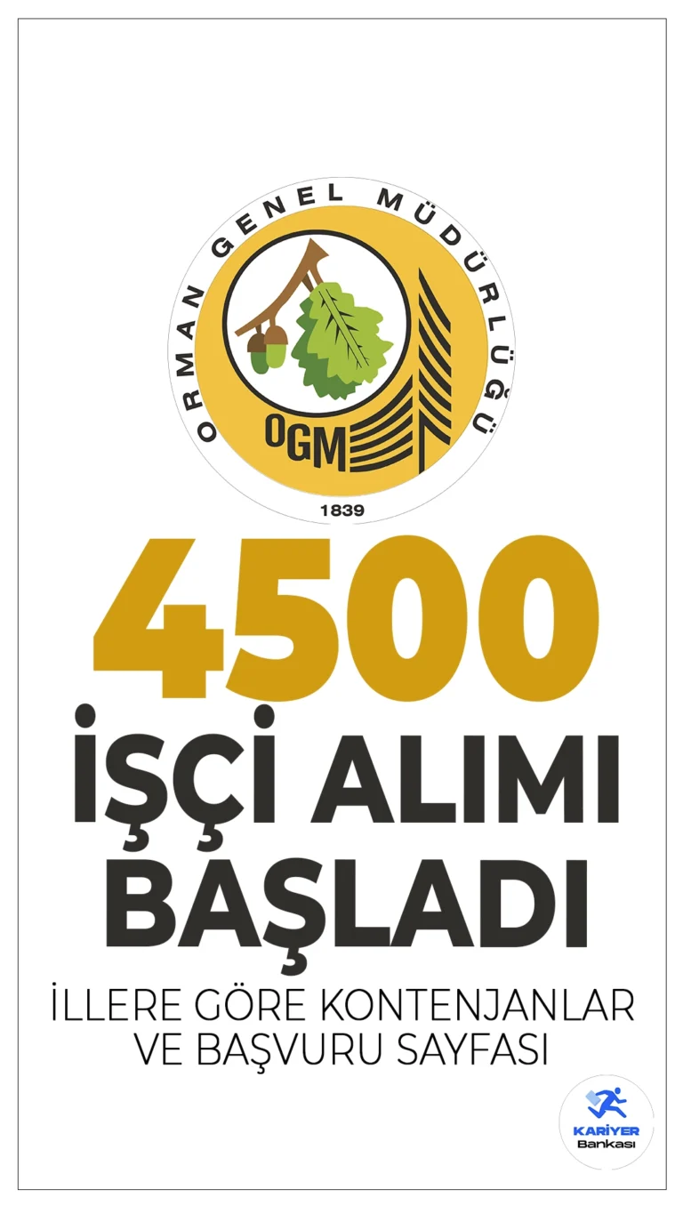 Orman Genel Müdürlüğü (OGM) 4500 İşçi Alımı Başvuruları Başladı!Orman Genel Müdürlüğü (OGM), taşra teşkilatında istihdam edilmek üzere 4500 işçi alımı başvuruları İŞKUR üzerinden başladı. Başvuru işlemleri 14 Mart 2025 tarihinde sona erecek. Noter huzurunda yapılacak kura çekimiyle adaylar belirlenecek.Başvuru yapacak adaların belirtilen şartları dikkatle incelemesi gerekmektedir.