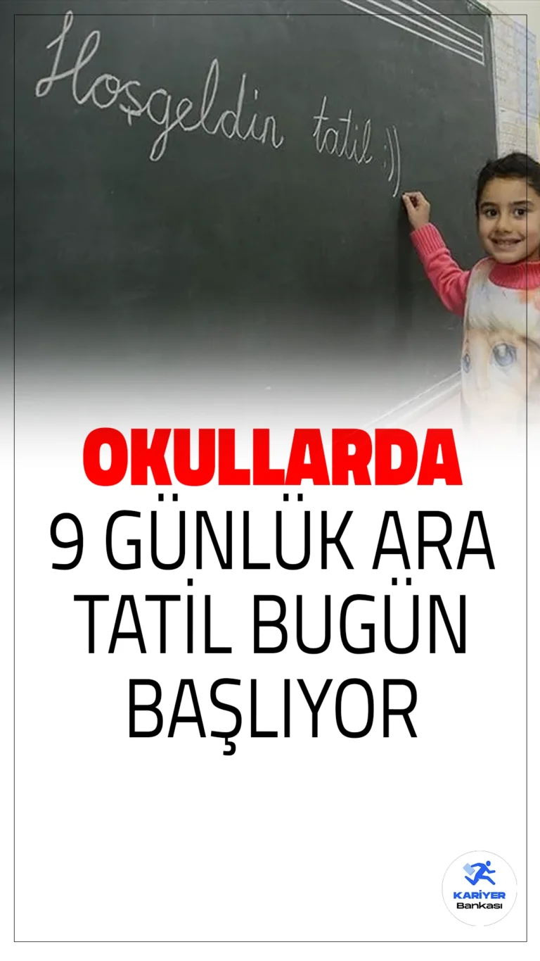 Okullarda 9 Günlük Tatil Bugün Başladı!2024 yılı ikinci dönem ara tatili, milyonlarca öğrenci için bugün itibarıyla başladı. Yaklaşık 20 milyon öğrenci, hafta sonlarıyla birlikte toplamda 9 günlük bir tatile çıktı. Bu tatil, hem Ramazan Bayramı hem de ikinci dönem yorgunluğunu atmak için önemli bir fırsat sunuyor.