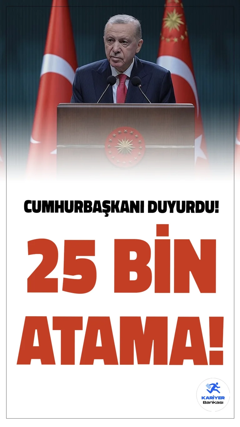 Cumhurbaşkanı Erdoğan: 25 Bin Öğretmen Ataması Yapılacak.Cumhurbaşkanı Recep Tayyip Erdoğan, Kabine Toplantısı sonrası yaptığı açıklamada Milli Eğitim Bakanlığı bünyesinde 25 bin öğretmen ataması yapılacağını duyurdu. Bu alımların 10 bini Milli Eğitim Akademisi'ne yönelik olacak. Geriye kalan 15 bin öğretmen ise doğrudan MEB kadrolarında istihdam edilecek.