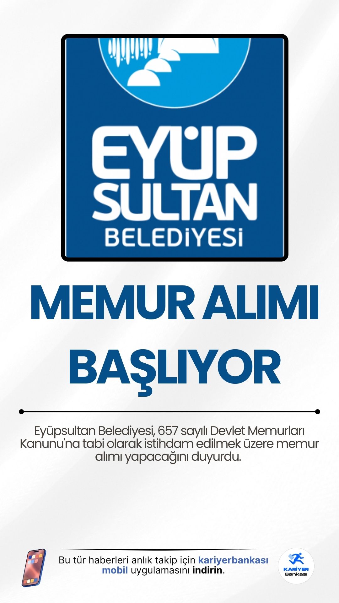 Eyüpsultan Belediyesi 30 Memur Alımı Başvuruları Başlıyor.Eyüpsultan Belediyesi, KPSS puanıyla 30 memur alımı yapacak. Başvurular 21 Nisan – 2 Mayıs 2025 tarihleri arasında alınacak. Başvuru yapacak adayların genel şartların yanı sıra, özel şartları da dikkatle incelemesi gerekmektedir.İşte şartlar ve diğer detaylar...