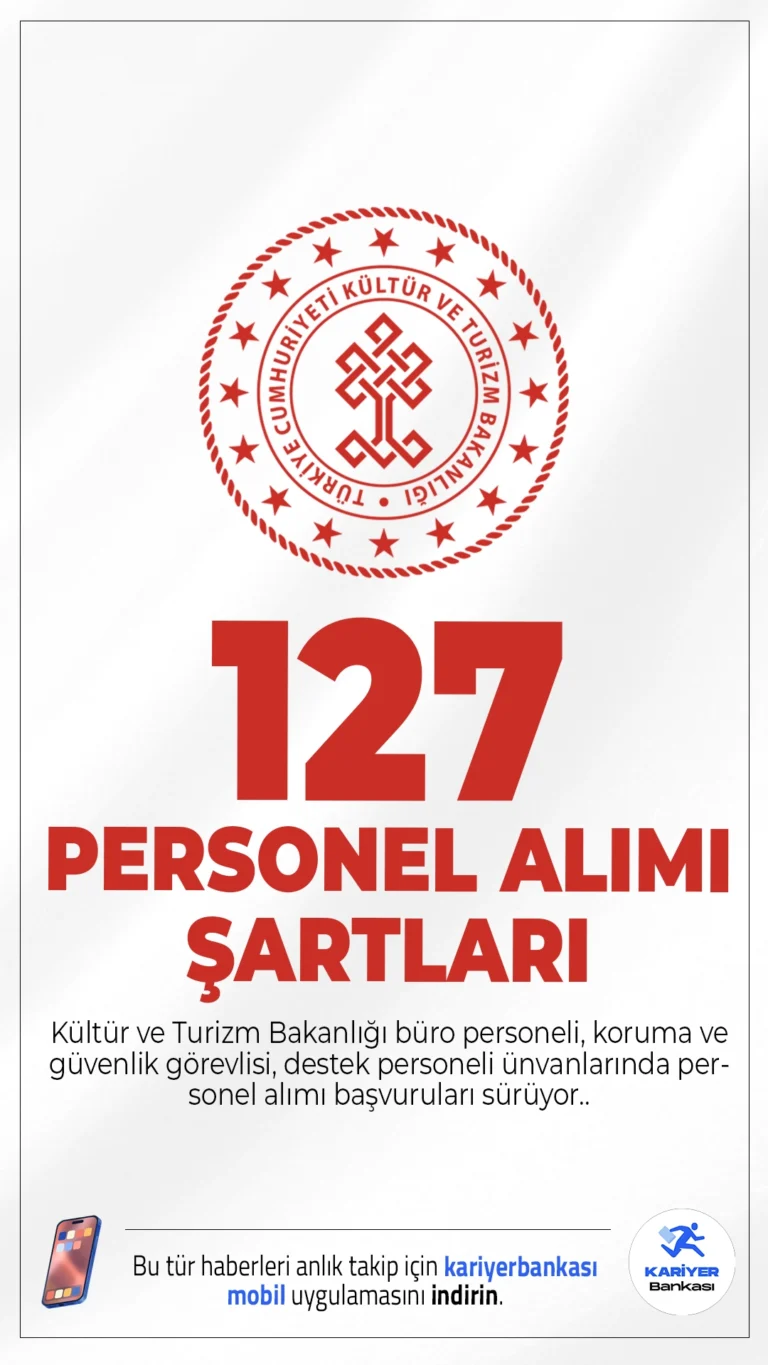 Kültür Bakanlığı 127 Personel Alımı Başvuru Şartları.Kültür ve Turizm Bakanlığı büro personeli, koruma ve güvenlik görevlisi destek personeli ünvanlarında personel alımı yapacak.Başvurular 25 Nisan'da sona erecek. Başvuru yapacak adayların genel ve özel şartları dikkatle incelemesi gerekmektedir. İşte şartlar ve diğer detaylar...