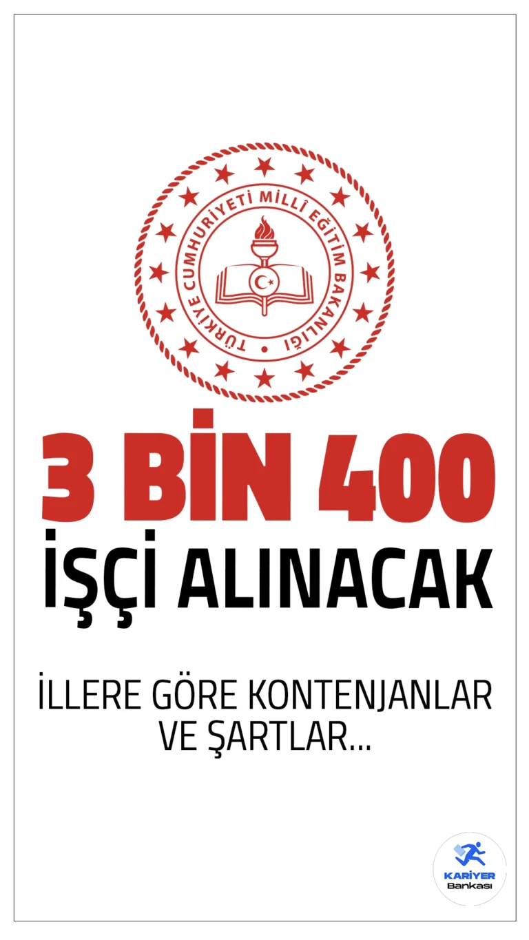 MEB 14 İlde 3 Bin 400 İşçi Alımı Yapacak!Milli Eğitim Bakanlığı (MEB), 2025 yılı için 14 şehirde okullara toplamda 3400 işçi alımı yapacağını duyurdu. Alımlar, İŞKUR üzerinden TYP (Toplum Yararına Programlar) kapsamında gerçekleştirilecek olup, başvurular sınavsız şekilde alınacaktır.