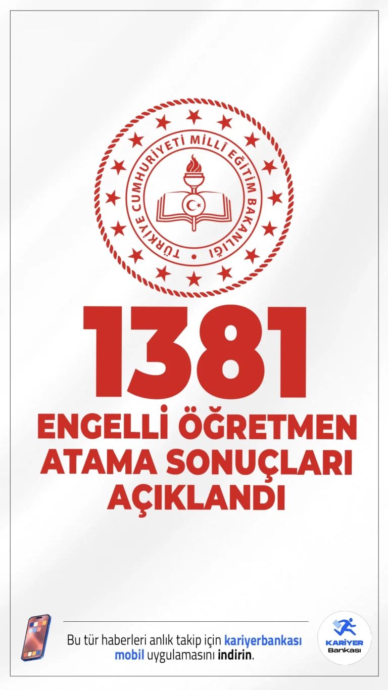 1381 Engelli Öğretmen Atama Sonuçları Açıklandı.Engelli öğretmen atamaları tamamlandı. 1381 öğretmen adayı EKPSS puan üstünlüğüne göre atandı ve 1 Eylül 2025’te görevlerine başlayacak.