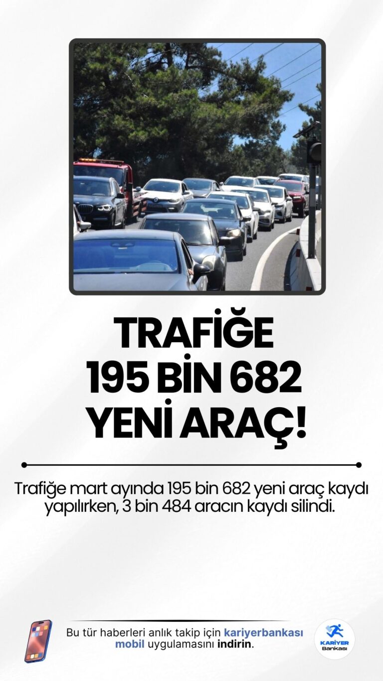 Mart Ayında Trafiğe 195 Bin 682 Araç Kaydı Yapıldı.Trafiğe mart ayında 195 bin 682 yeni araç kaydı yapılırken, 3 bin 484 aracın kaydı silindi. Böylece Türkiye’de trafikteki toplam araç sayısında 192 bin 198 adetlik net artış yaşandı.