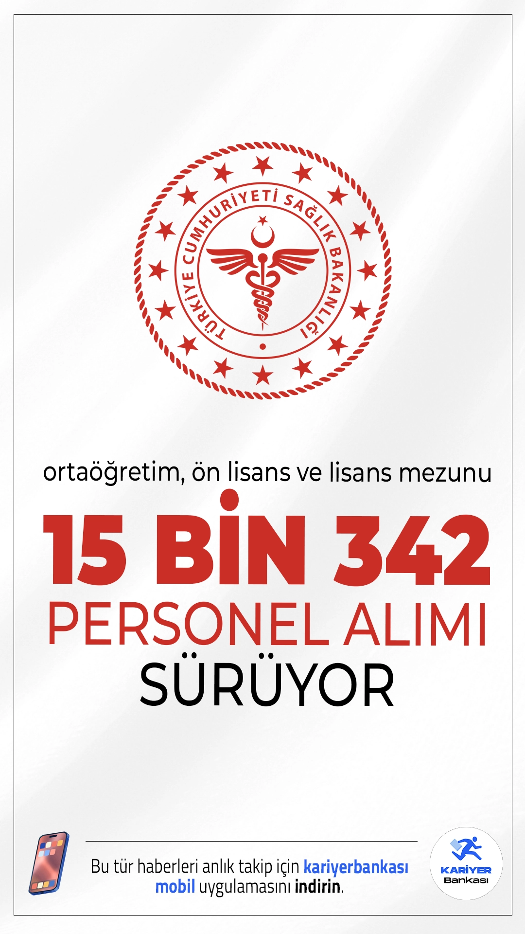 Sağlık Bakanlığı 15 Bin 342 Personel Alımı Başvuruları Sürüyor.Resmi Gazete'de yayımlanan duyuruya göre , Sağlık Bakanlığına KPSS 2025/4 tercihleri ile ortaöğretim, ön lisans ve lisans mezunlarından toplamda 15.342 sözleşmeli personel alımı yapılacağı aktarılırken, başvuruların 8 Mayıs 2025 tarihine kadar ÖSYM üzerinden alınacağı kaydedildi.